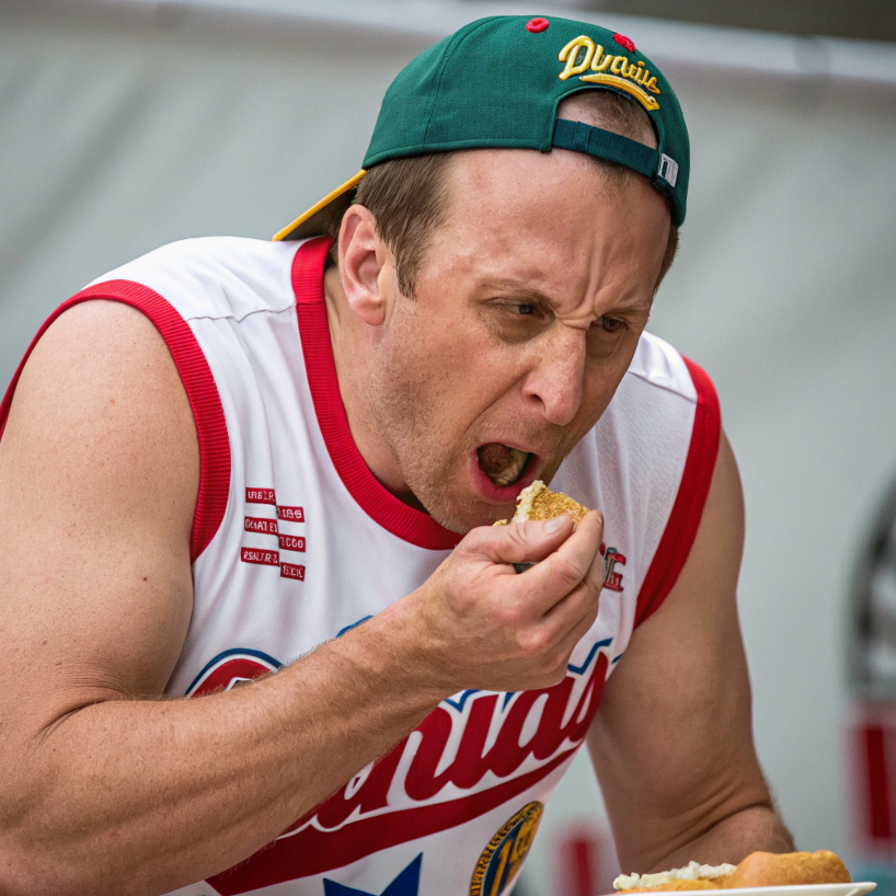 Joey Chestnut setting the world record by eating 76 hot dogs in 10 minutes.