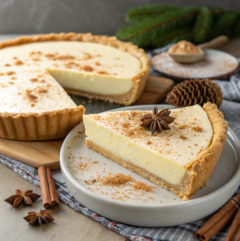 Eggnog Pie in a festive holiday setting