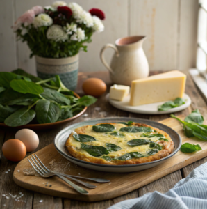 Freshly plated spinach frittata with ingredients