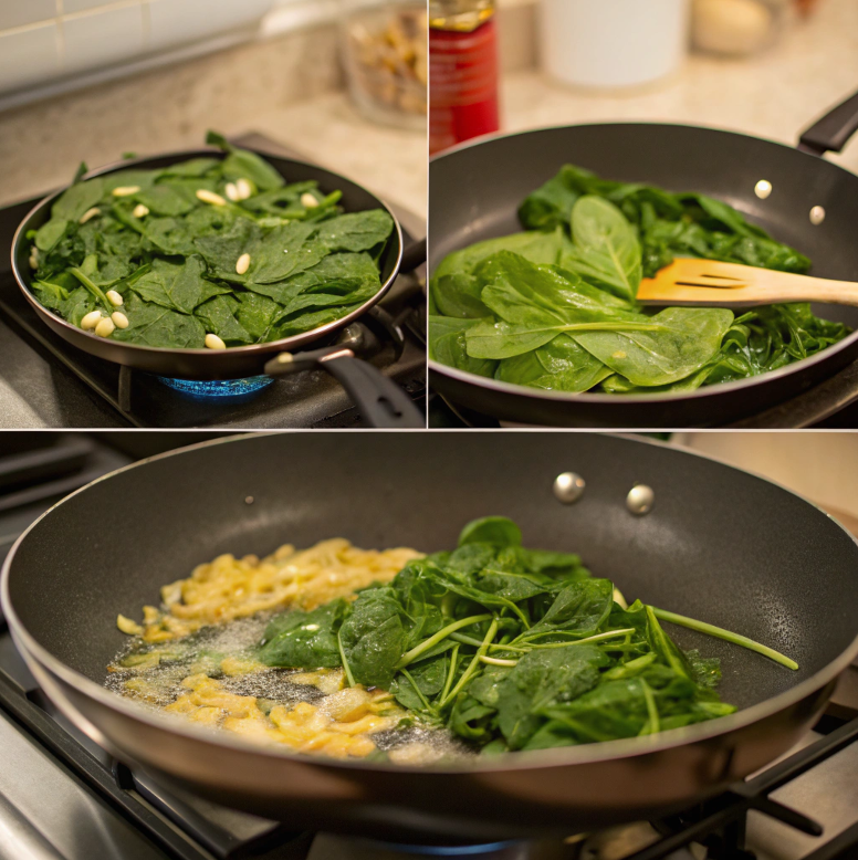 Sautéing spinach and shallots for frittata