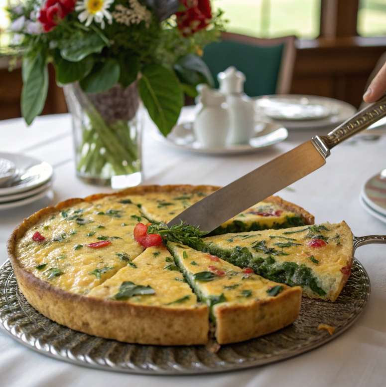 Spinach frittata sliced and garnished with herbs