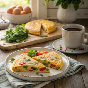 A frittata and omelette displayed side by side on a breakfast table.