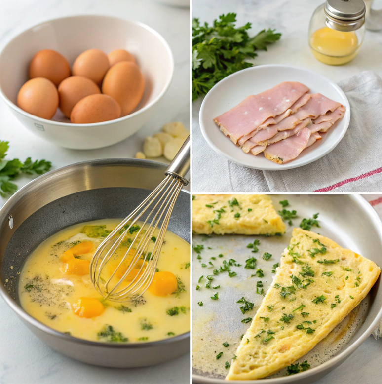  Omelette preparation steps with whisked eggs and filling in a pan.