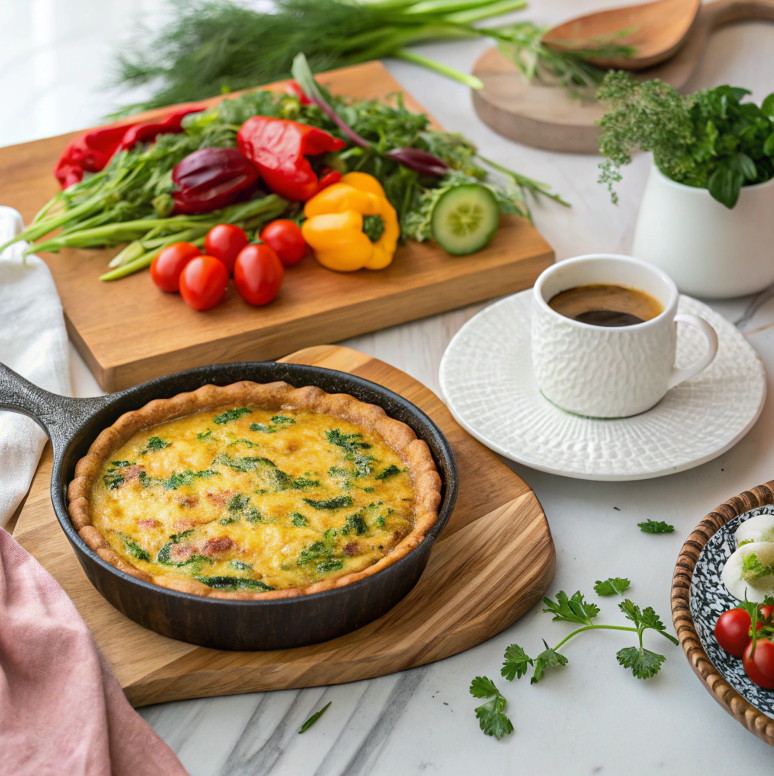 A golden quiche and a rustic frittata served at a brunch table.