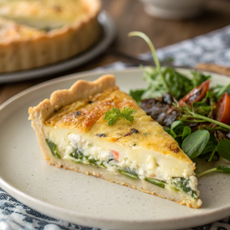 A slice of quiche showing its creamy custard and crust layers.