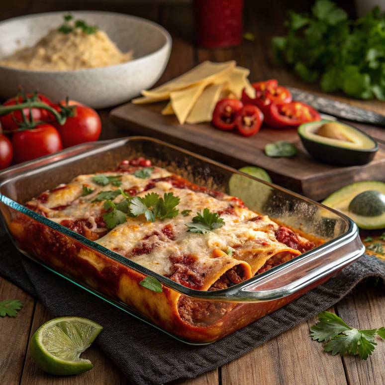 Freshly baked enchilada casserole with toppings.