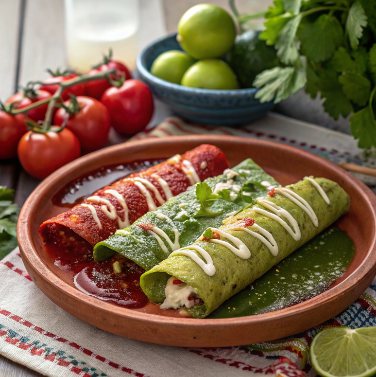 Divorced enchiladas with red and green sauces on a rustic plate.