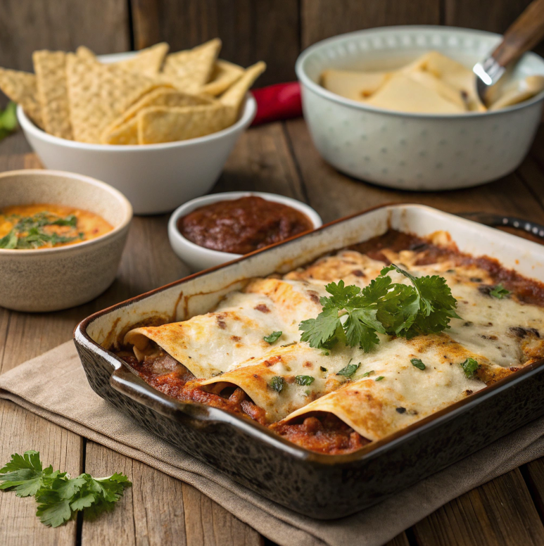 A perfectly baked enchilada casserole with a golden cheese topping and fresh cilantro garnish.