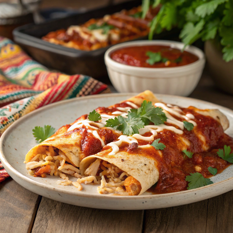 Plate of enchiladas filled with shredded chicken, beans, and cheese.