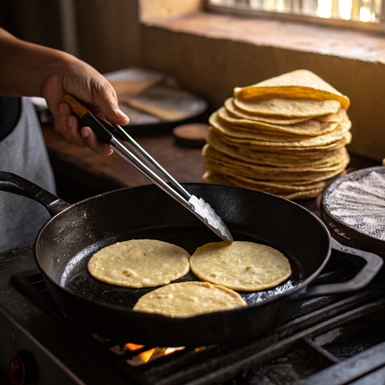 Fresh corn tortillas being heated in a skillet