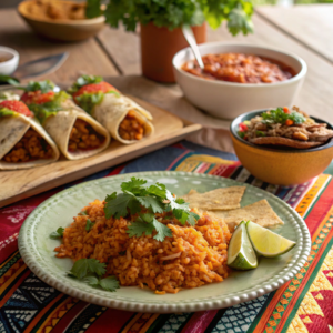 Easy Mexican Rice with Garnishes on a Colorful Tablecloth