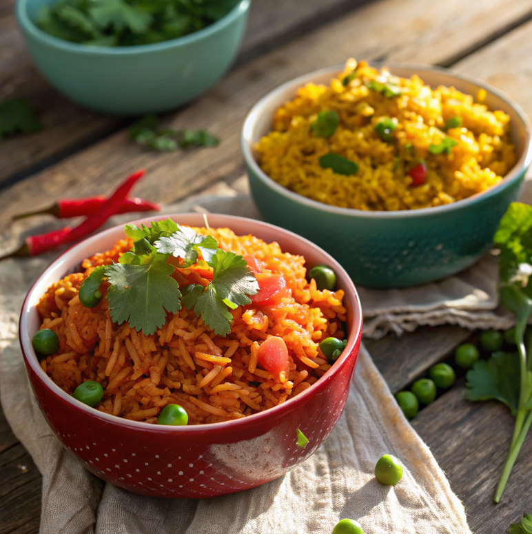 Mexican rice and Spanish rice side by side showcasing their differences in color and garnishes.