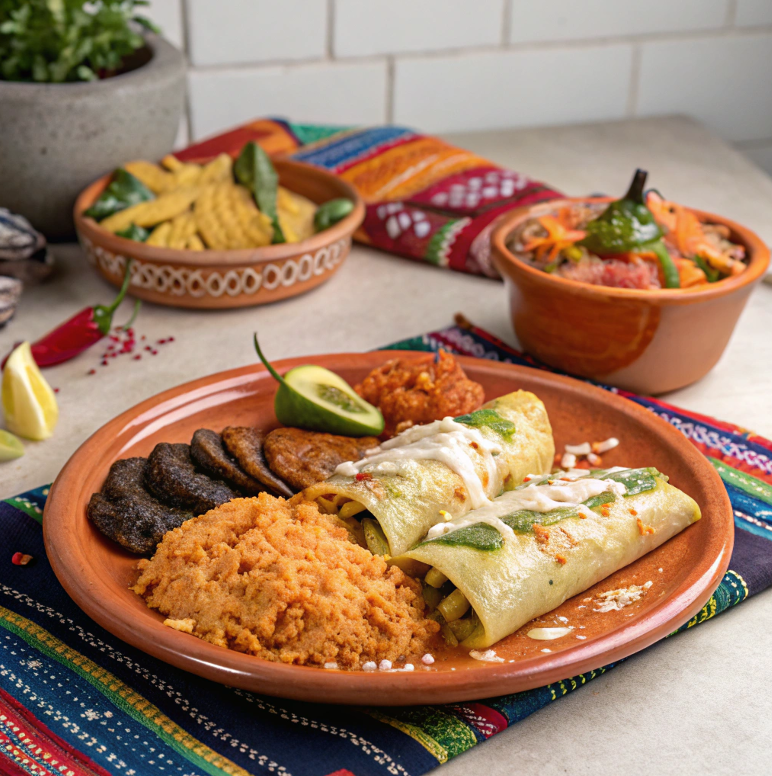 Mexican rice served with enchiladas and vegetables on a festive ceramic plate.