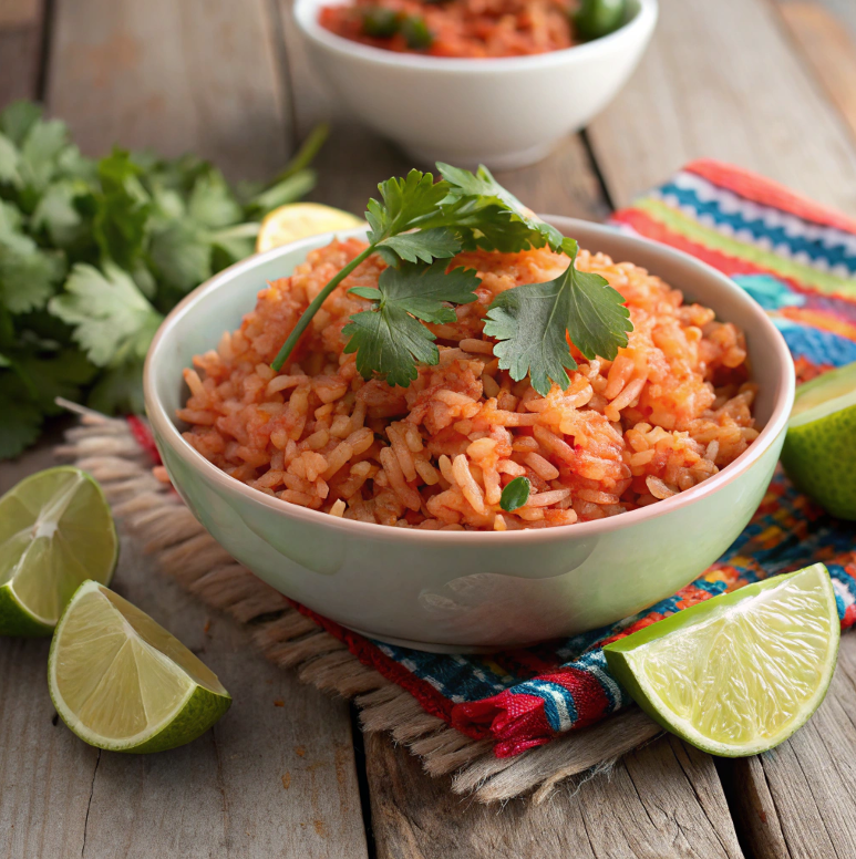 Traditional Mexican rice garnished with cilantro and lime.