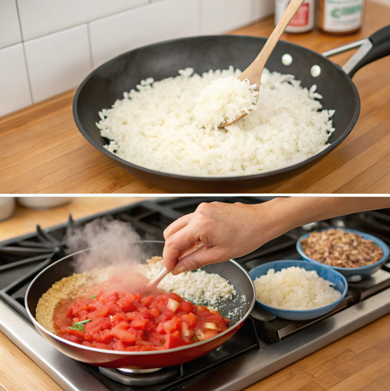 Steps in making traditional Mexican rice: toasting rice and blending ingredients.