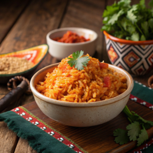 Vibrant Mexican restaurant rice in a bowl with cilantro.