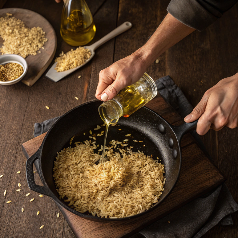 Chef toasting rice in a skillet with golden grains.