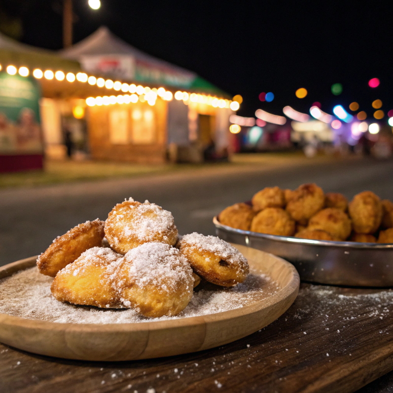 Crispy fried Oreos dusted with powdered sugar on a wooden plate.