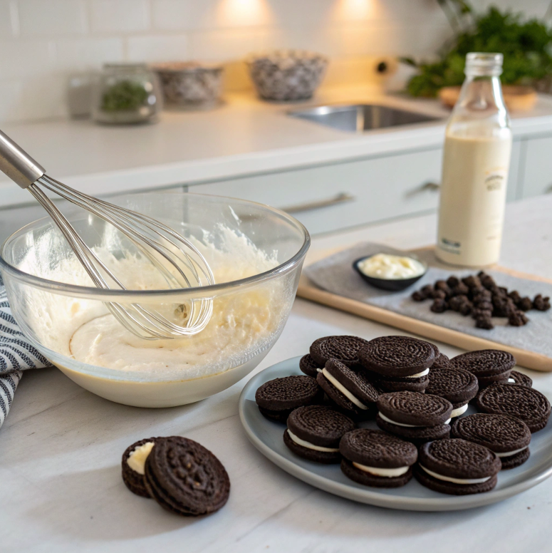 Mixing bowl of smooth fried Oreo batter with a whisk and Oreo cookies.