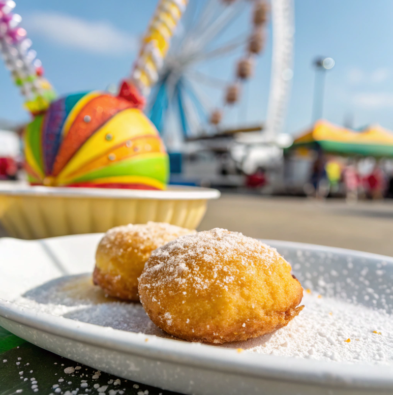 Close-up of a deep-fried Oreo on a plate dusted with powdered sugar