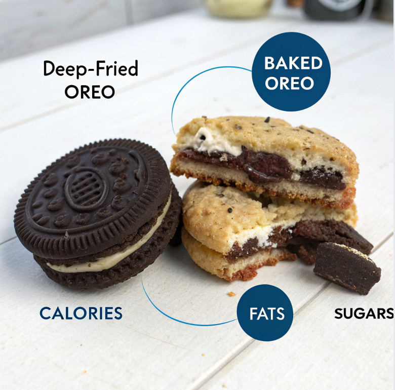 Nutritional breakdown infographic of deep-fried Oreos.