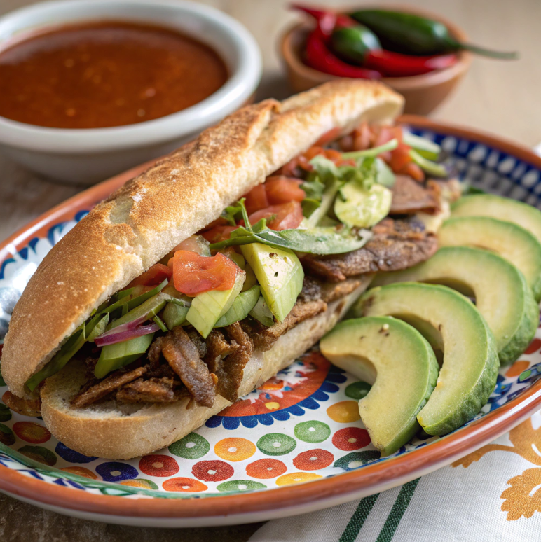 Mexican torta sandwich with avocado and chili sauce.