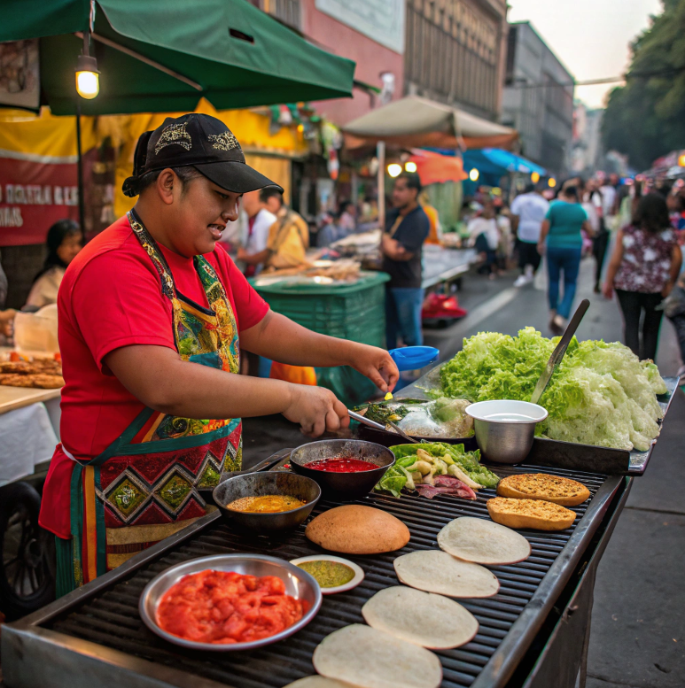 Mexican street vendor preparing tortas with fresh ingredients