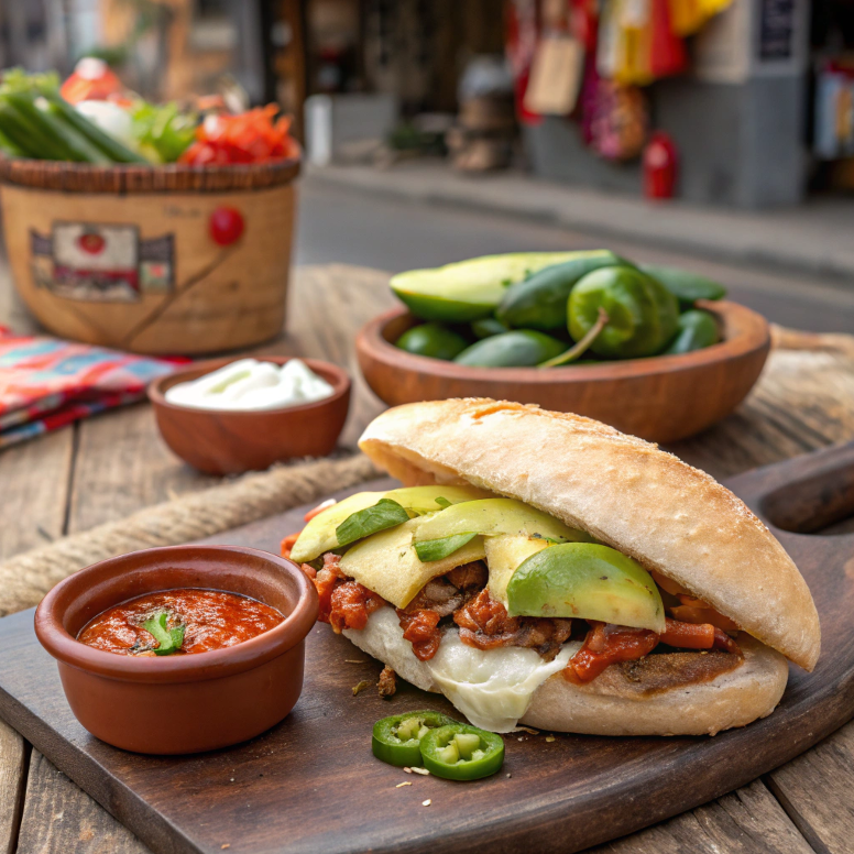 A close-up of a Mexican torta with fresh ingredients.