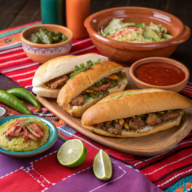 A variety of Mexican tortas with traditional condiments.