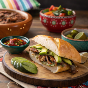 Mexican torta with bold flavors and traditional fillings.