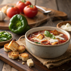 Steaming bowl of Pizza Soup with melted mozzarella and basil