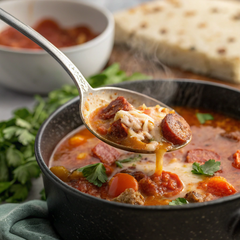 Ladle scooping hearty Pizza Soup from a pot.