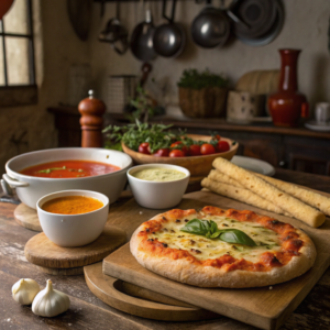 Rustic dinner table with pizza and a variety of soups.