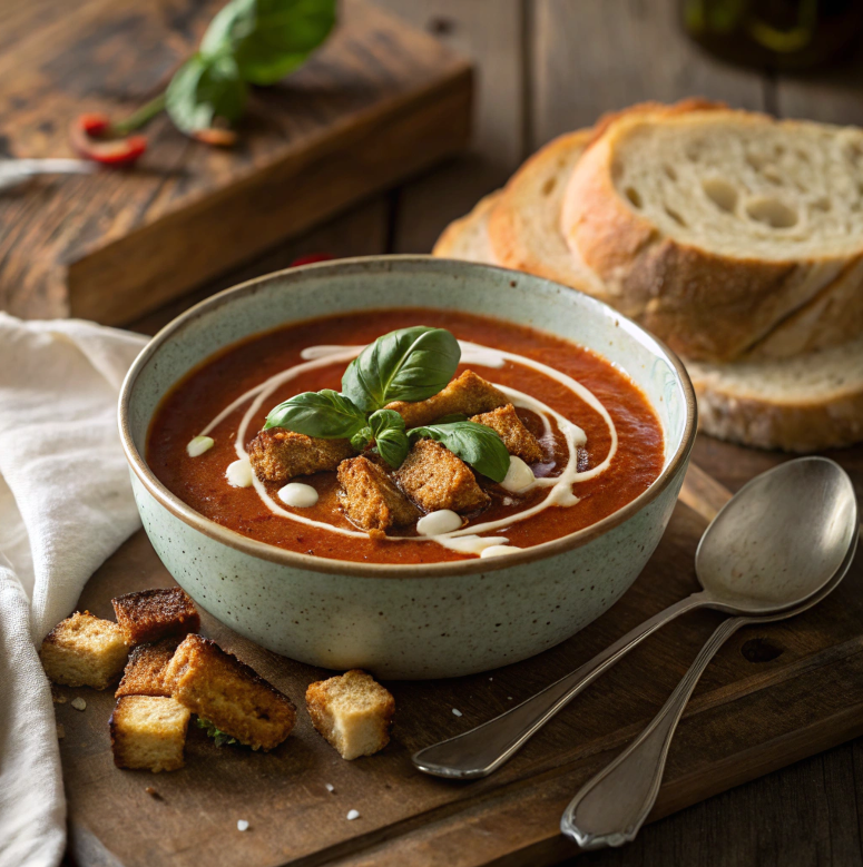 A bowl of tomato soup garnished with cream, basil, and croutons on a wooden table.