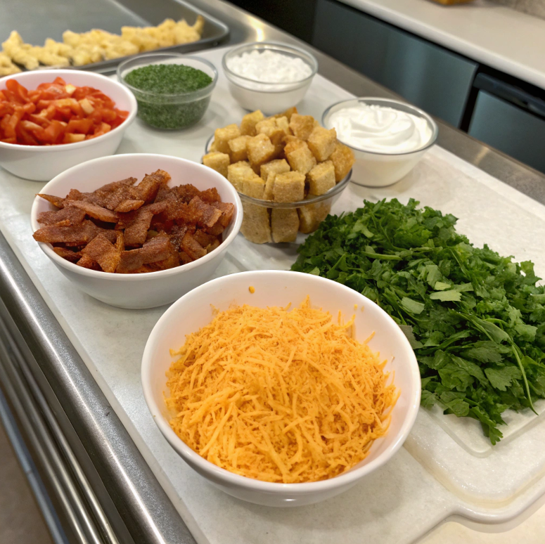 Various toppings for tomato soup including cheese, bacon, herbs, and cream