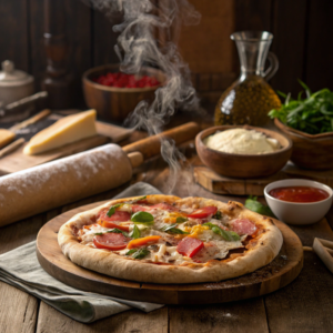 Freshly baked pizza on a wooden table with cheese, meats, and veggies.