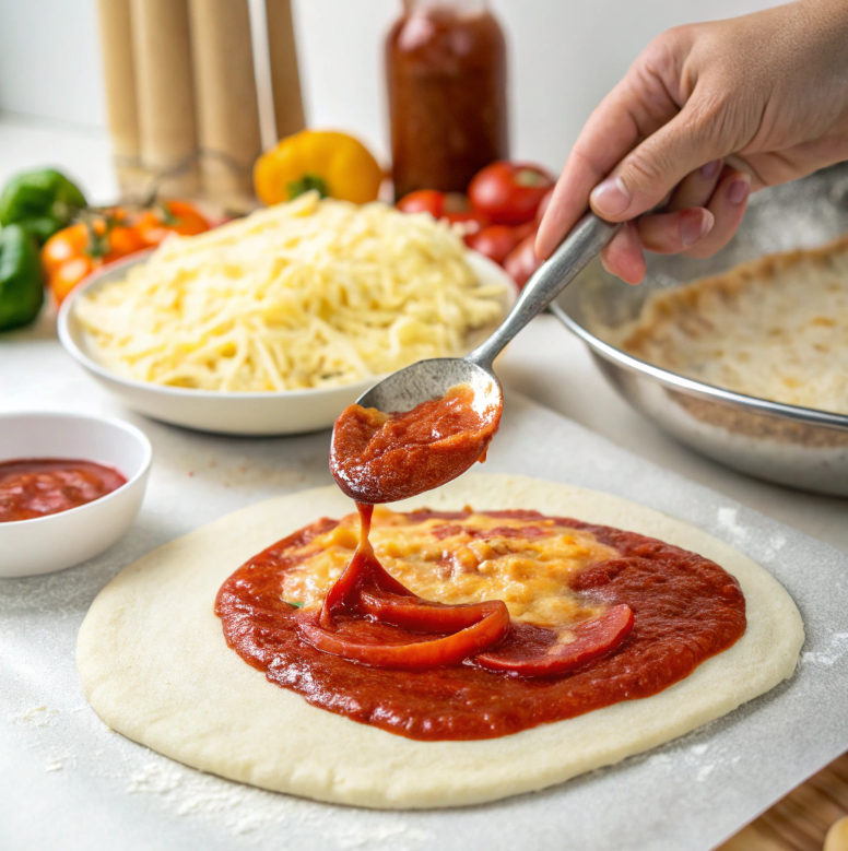 Hand spreading tomato sauce on pizza dough.