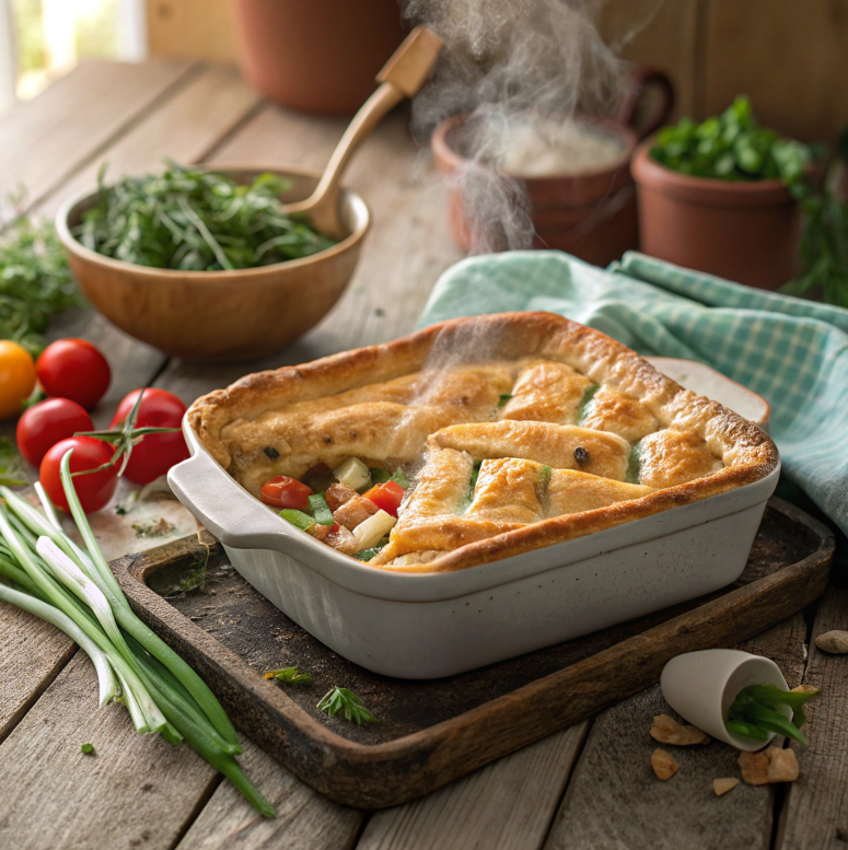 Chicken pot pie casserole with golden crust