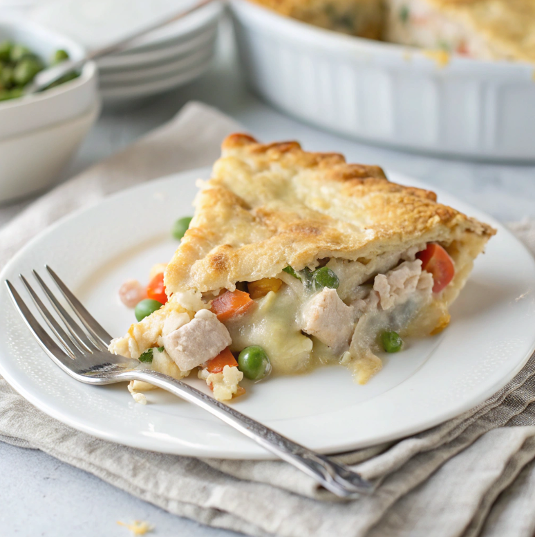 Slice of chicken pot pie casserole on a white plate