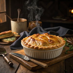 Freshly baked chicken pot pie with golden crust.