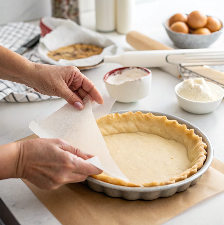 Blind baking a pie crust with parchment paper and weights