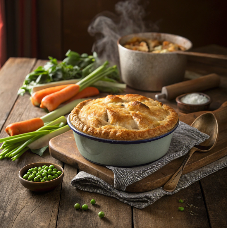 Perfectly baked chicken pot pie with a golden crust.