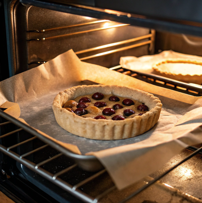 Pie crust being blind-baked with parchment paper and weights.