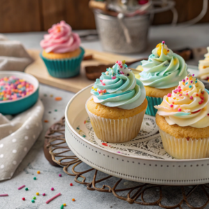 Moist cupcakes with colorful frosting and sprinkles on a tray