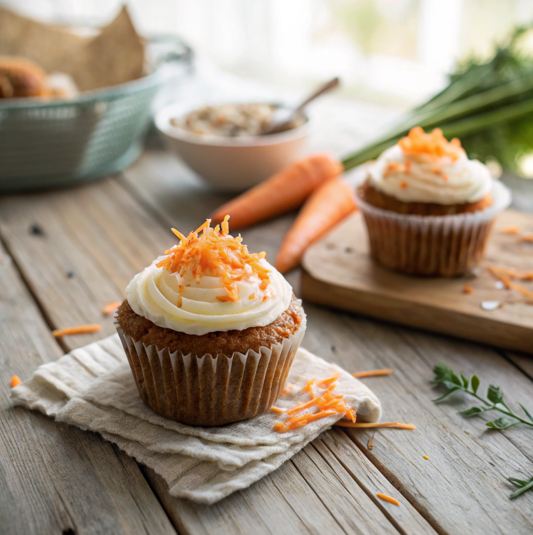 Carrot cake cupcake with cream cheese frosting and carrot shavings.