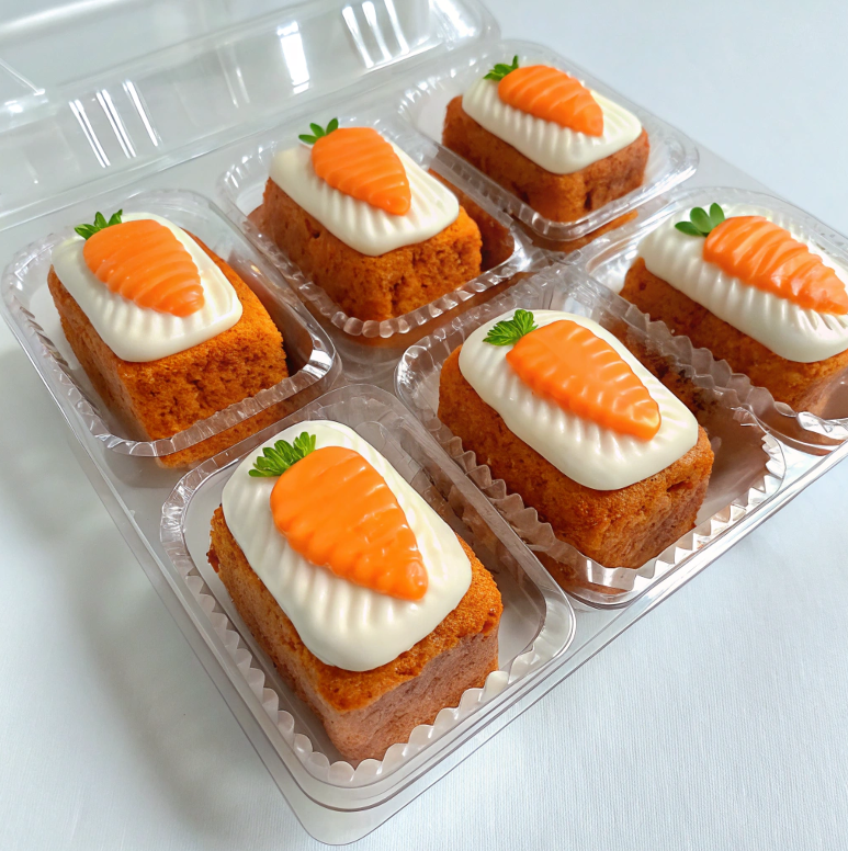 Six-pack of Costco carrot mini cakes in resealable packaging.