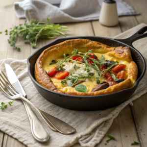 Golden savory Dutch baby pancake garnished with herbs and vegetables.