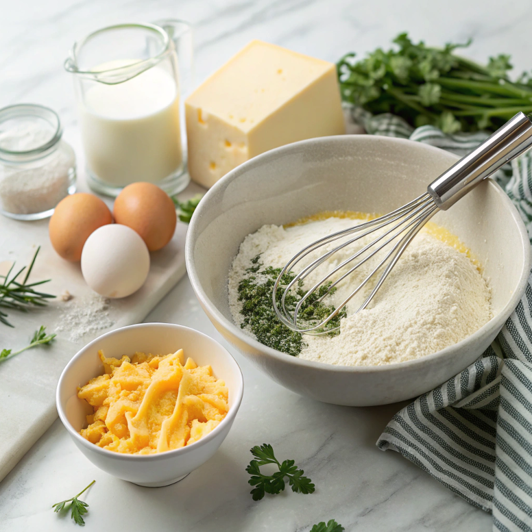 Ingredients for savory Dutch baby pancake preparation.