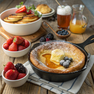 Dutch baby pancake and fluffy pancakes served for brunch.