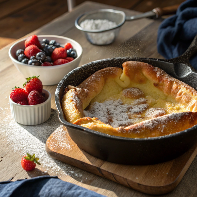 Freshly baked Dutch baby pancake in a cast iron skillet.